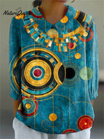 Women's Abstract Geometric Pattern Art Print Casual Cotton And Linen 3/4 Sleeve Shirt