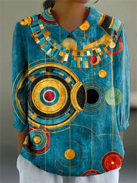 Women's Abstract Geometric Pattern Art Print Casual Cotton And Linen 3/4 Sleeve Shirt