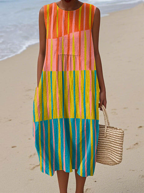 Women's Geometric Pattern Art Print Sleeveless Cotton Pocket Wrap Dress