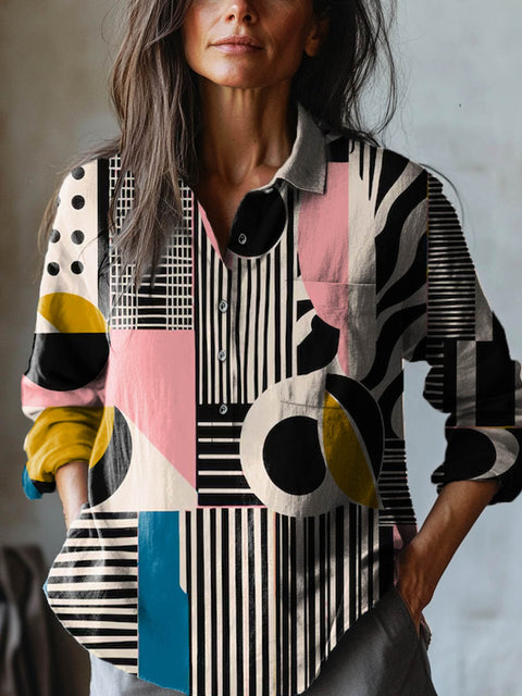 Women's Abstract Geometric Pattern Art Print Casual Cotton And Linen Shirt