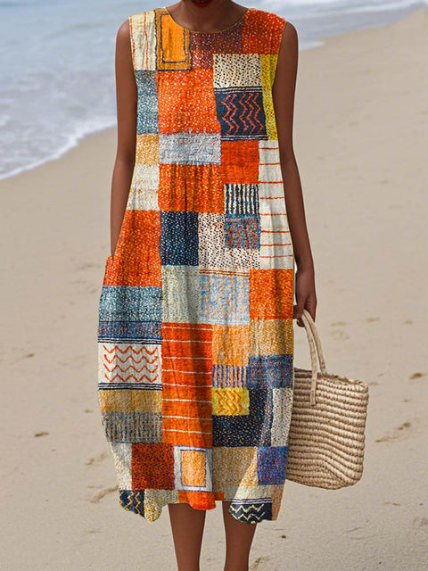 Women's Geometric Pattern Art Print Sleeveless Cotton Pocket Wrap Dress