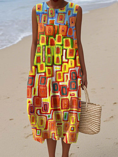 Women's Geometric Pattern Art Print Sleeveless Cotton Pocket Wrap Dress