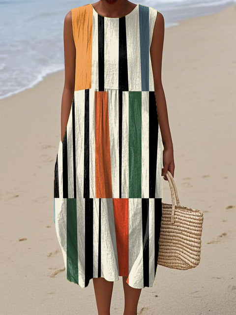Women's Geometric Pattern Art Print Sleeveless Cotton Pocket Wrap Dress