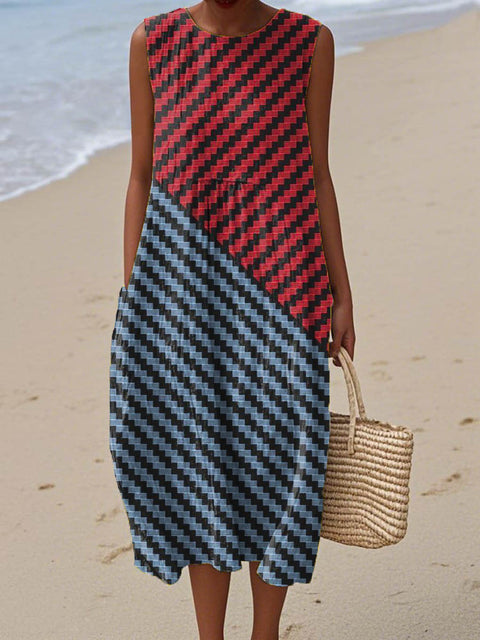 Women's Geometric Pattern Art Print Sleeveless Cotton Pocket Wrap Dress