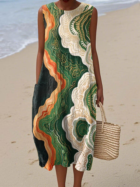 Women's Abstract Pattern Art Print Sleeveless Cotton Pocket Wrap Dress