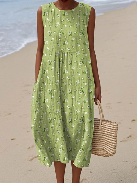 Women's Lovely Floral Pattern Art Print Sleeveless Cotton Pocket Wrap Dress
