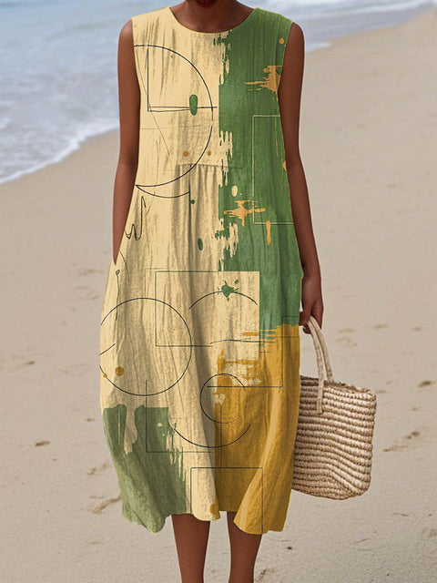 Women's Geometric Pattern Art Print Sleeveless Cotton Pocket Wrap Dress