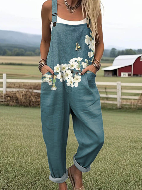 Women's Floral Bee Pattern Art Print Casual 100% Cotton Wide Leg Jumpsuit
