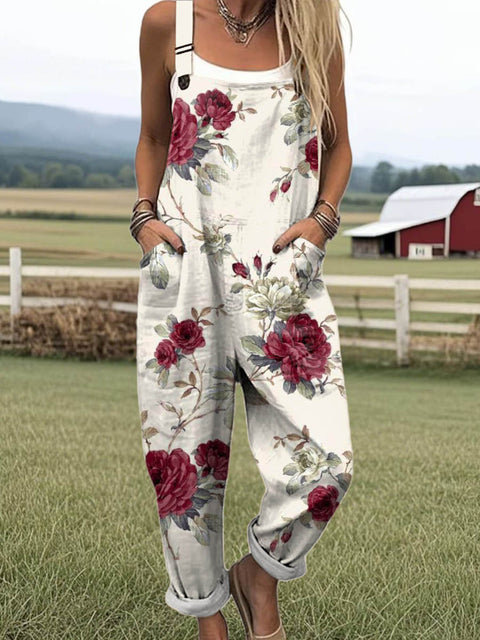 Women's Floral Art Print Casual 100% Cotton Wide Leg Jumpsuit