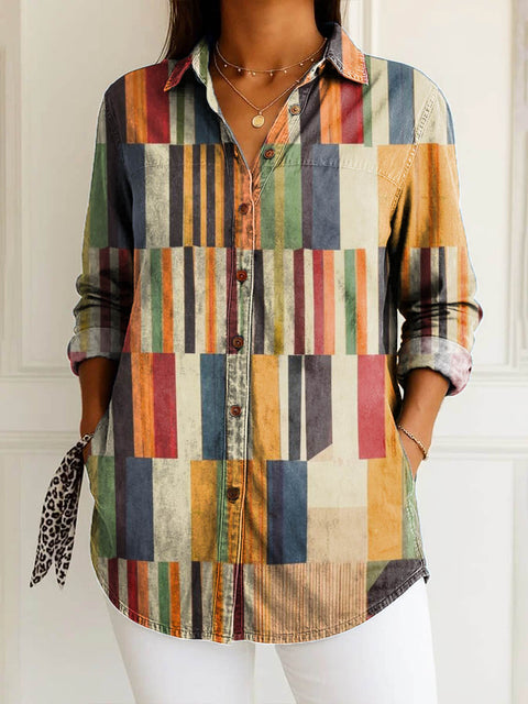 Women's Geometric Pattern Art Print Casual Cotton Shirt