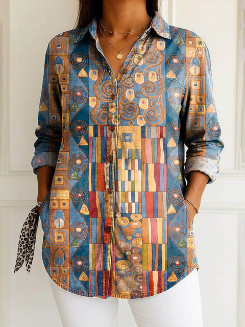 Women's Geometric Pattern Art Print Casual Cotton Shirt