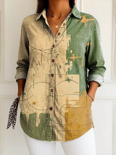 Women's Geometric Pattern Art Print Casual Cotton Shirt