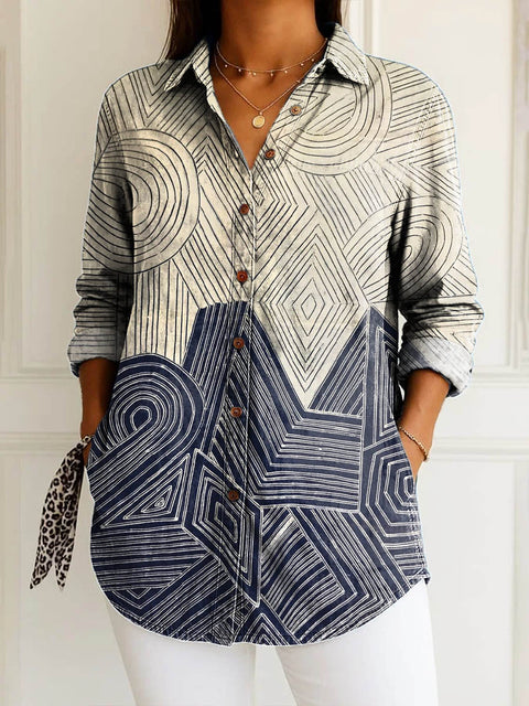 Women's Geometric Pattern Art Print Casual Cotton Shirt