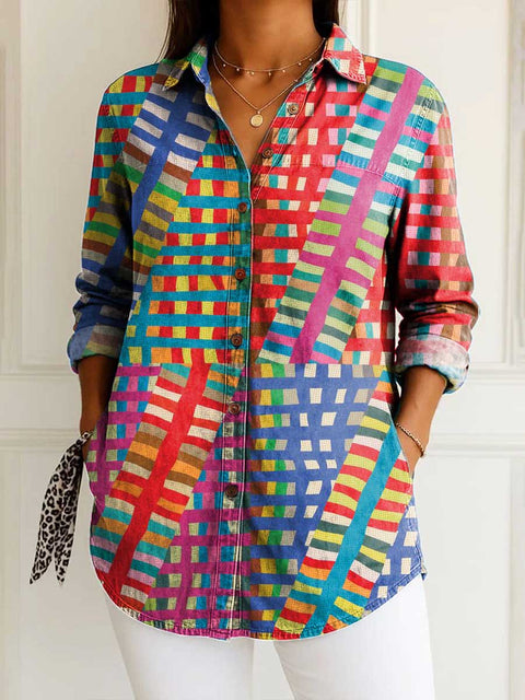 Women's Abstract Geometric Pattern Art Print Casual Cotton Shirt
