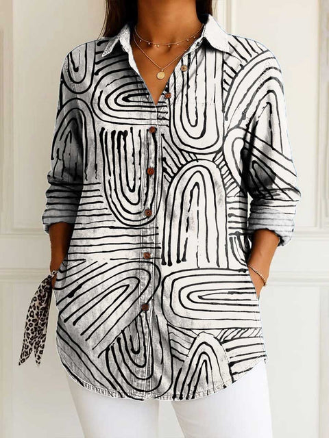 Women's Abstract Geometric Pattern Art Print Casual Cotton Shirt
