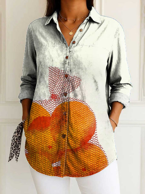 Women's Abstract Funny Orange Pattern Art Print Casual Cotton Shirt