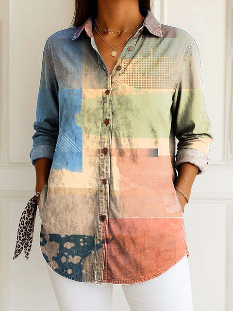 Women's Abstract Geometric Pattern Art Print Casual Cotton Shirt