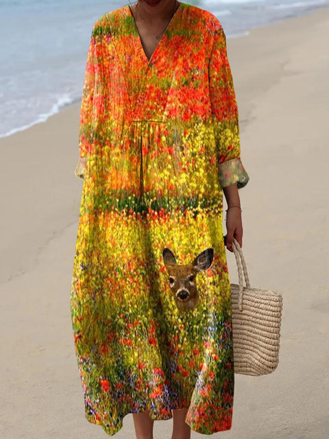 Women's Lovely Deer Floral Pattern Art Print Cotton Dress