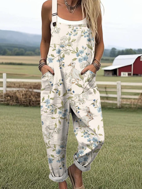 Women's Lovely Floral Animals Art Print Casual 100% Cotton Wide Leg Jumpsuit