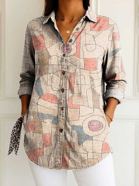 Women's Geometric Pattern Art Print Casual Cotton Shirt