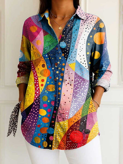 Women's Abstract Geometric Pattern Art Print Casual Cotton Shirt