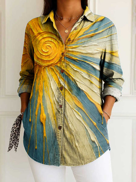 Women's Abstract Sun Painting Pattern Art Print Casual Cotton Shirt