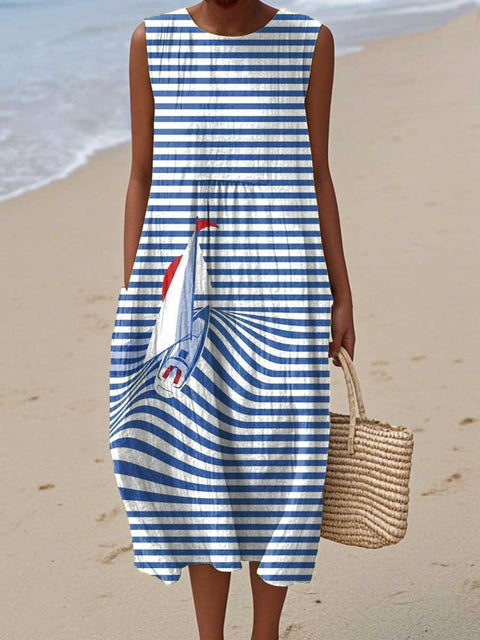 Women's Sailboat Striped Pattern Art Print Sleeveless Cotton Pocket Wrap Dress