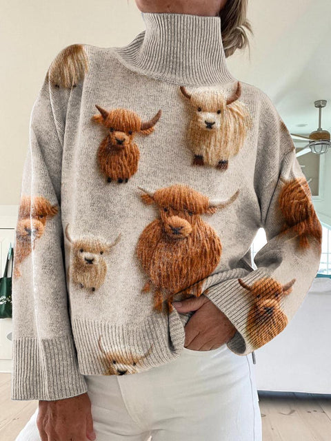 Women's Lovely Cow Pattern Art Print Knit Turtleneck Pullover Sweater