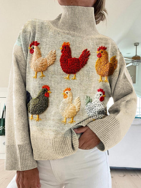 Women's Lovely Chicken Pattern Art Print Knit Turtleneck Pullover Sweater
