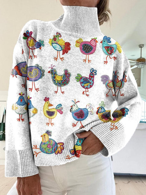 Women's Lovely Chicken Pattern Art Print Knit Turtleneck Pullover Sweater