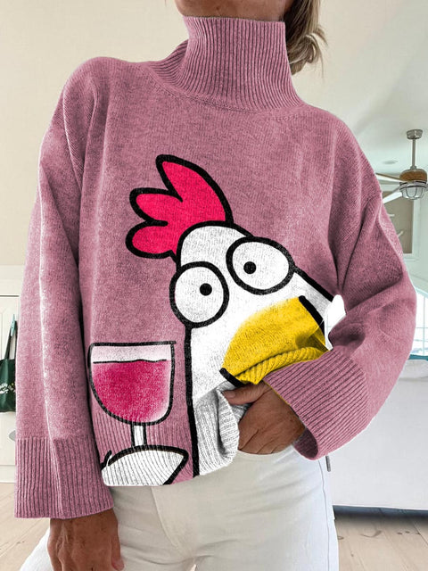 Women's Funny Chicken Pattern Art Print Knit Turtleneck Pullover Sweater