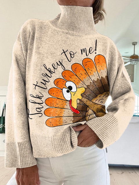 Women's Funny Turkey Pattern Art Print Knit Turtleneck Pullover Sweater
