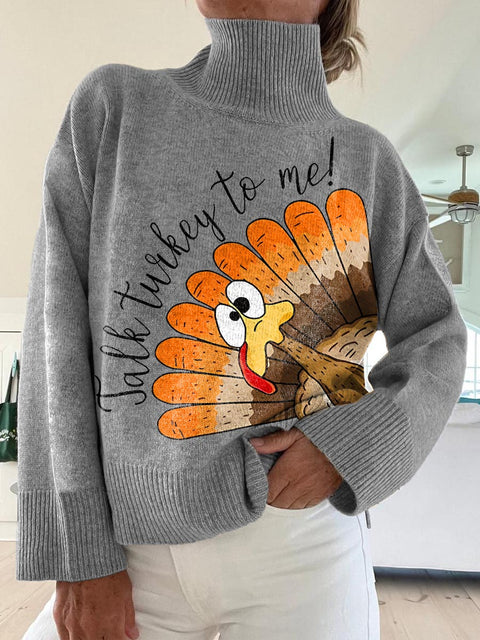 Women's Funny Turkey Pattern Art Print Knit Turtleneck Pullover Sweater