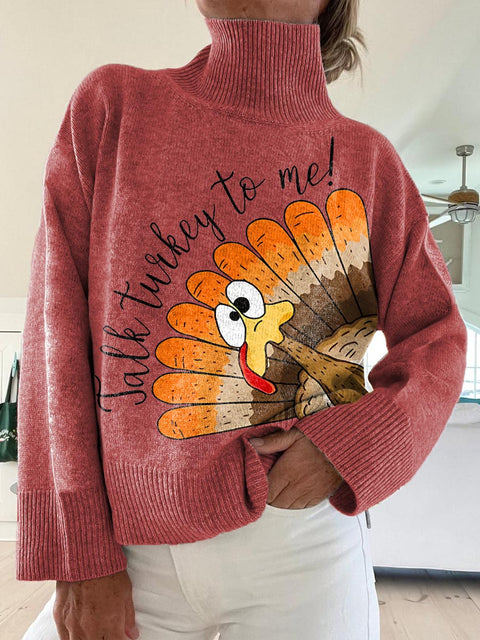 Women's Funny Turkey Pattern Art Print Knit Turtleneck Pullover Sweater