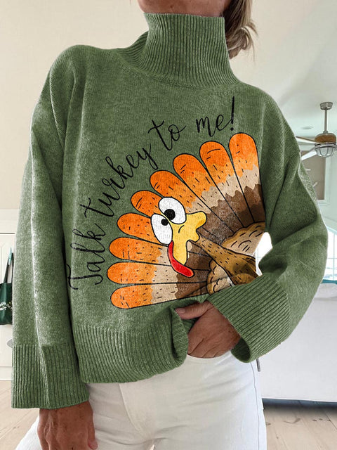Women's Funny Turkey Pattern Art Print Knit Turtleneck Pullover Sweater