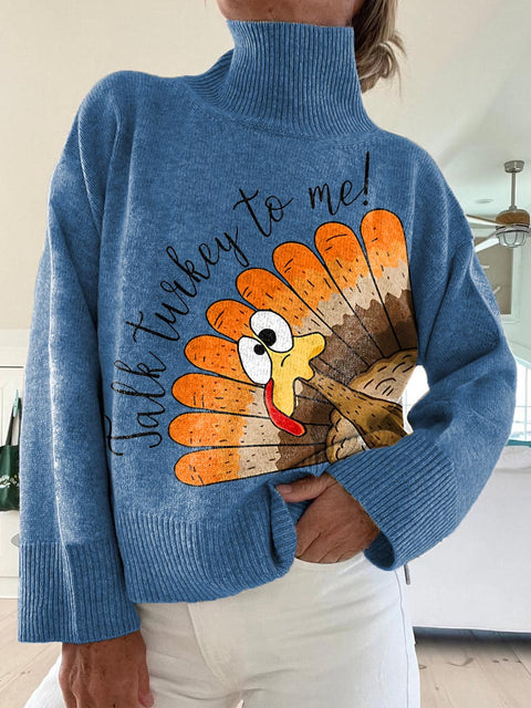 Women's Funny Turkey Pattern Art Print Knit Turtleneck Pullover Sweater