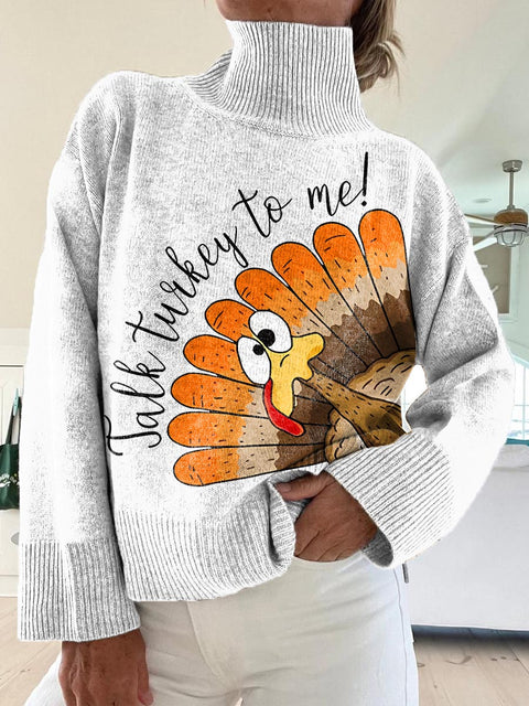 Women's Funny Turkey Pattern Art Print Knit Turtleneck Pullover Sweater