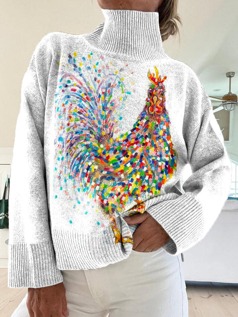 Women's Lovely Chicken Pattern Art Print Knit Turtleneck Pullover Sweater