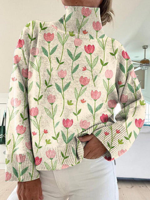 Women's Lovely Floral Pattern Art Print Knit Turtleneck Pullover Sweater