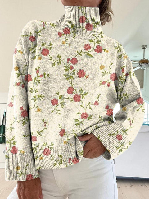 Women's Lovely Floral Pattern Art Print Knit Turtleneck Pullover Sweater