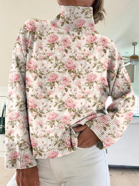 Women's Lovely Floral Pattern Art Print Knit Turtleneck Pullover Sweater