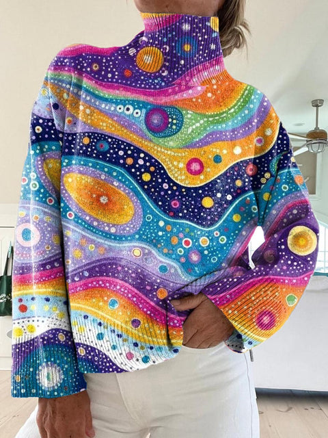 Women's Abstract Pattern Art Print Knit Turtleneck Pullover Sweater
