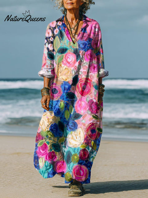 Women's Lovely Floral Pattern Art Print Cotton Dress