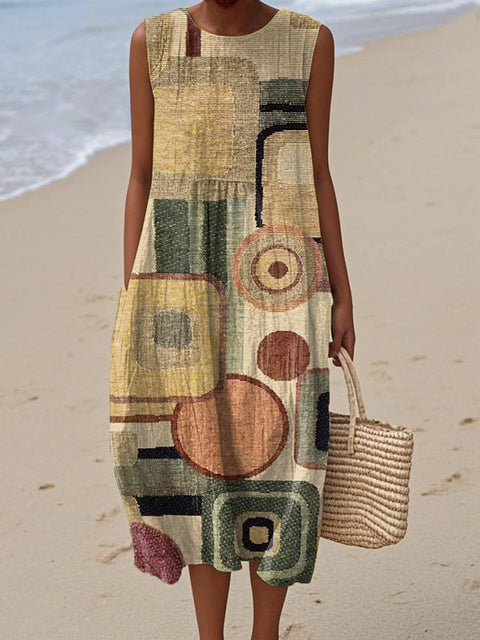 Women's Geometric Pattern Art Print Sleeveless Cotton Pocket Wrap Dress