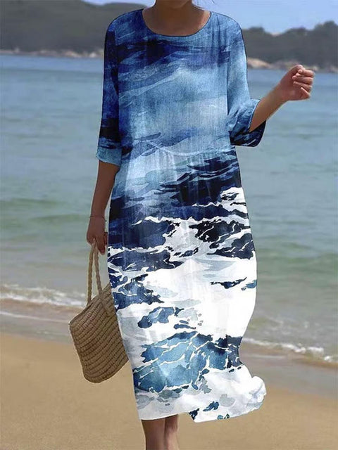Women's Abstract Seawater Pattern Art Print Cotton Dress
