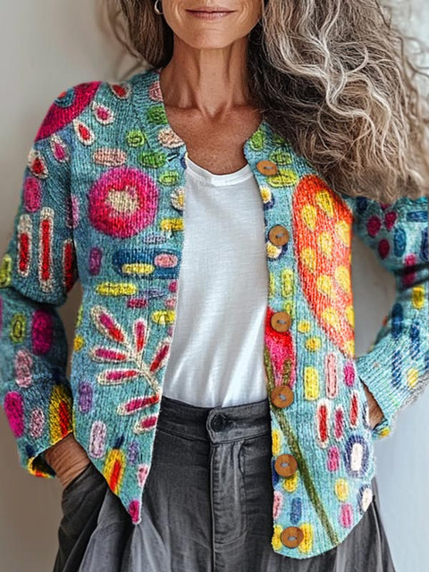 Women's Abstract Pattern Art Print Buttoned Cardigan Sweater