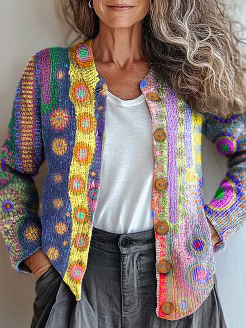 Women's Abstract Pattern Art Print Buttoned Cardigan Sweater