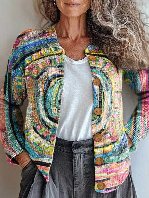 Women's Abstract Pattern Art Print Buttoned Cardigan Sweater