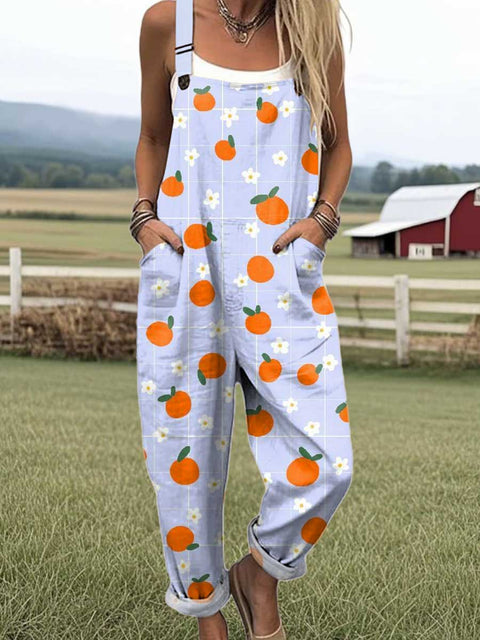 Women's Lovely Orange Pattern Art Print Casual 100% Cotton Wide Leg Jumpsuit