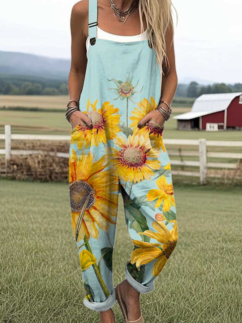 Women's Lovely Sunflowers Pattern Art Print Casual 100% Cotton Wide Leg Jumpsuit